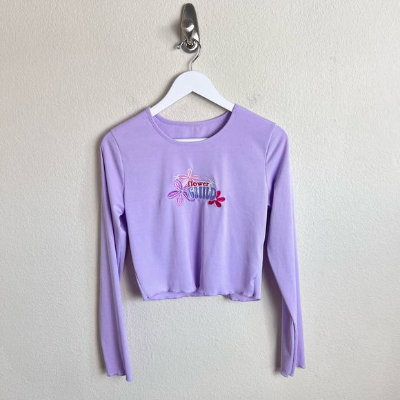 Light Purple Lavender Ribbed Flower Child 70s Long Sleeve Blouse - Picture 2 of 7